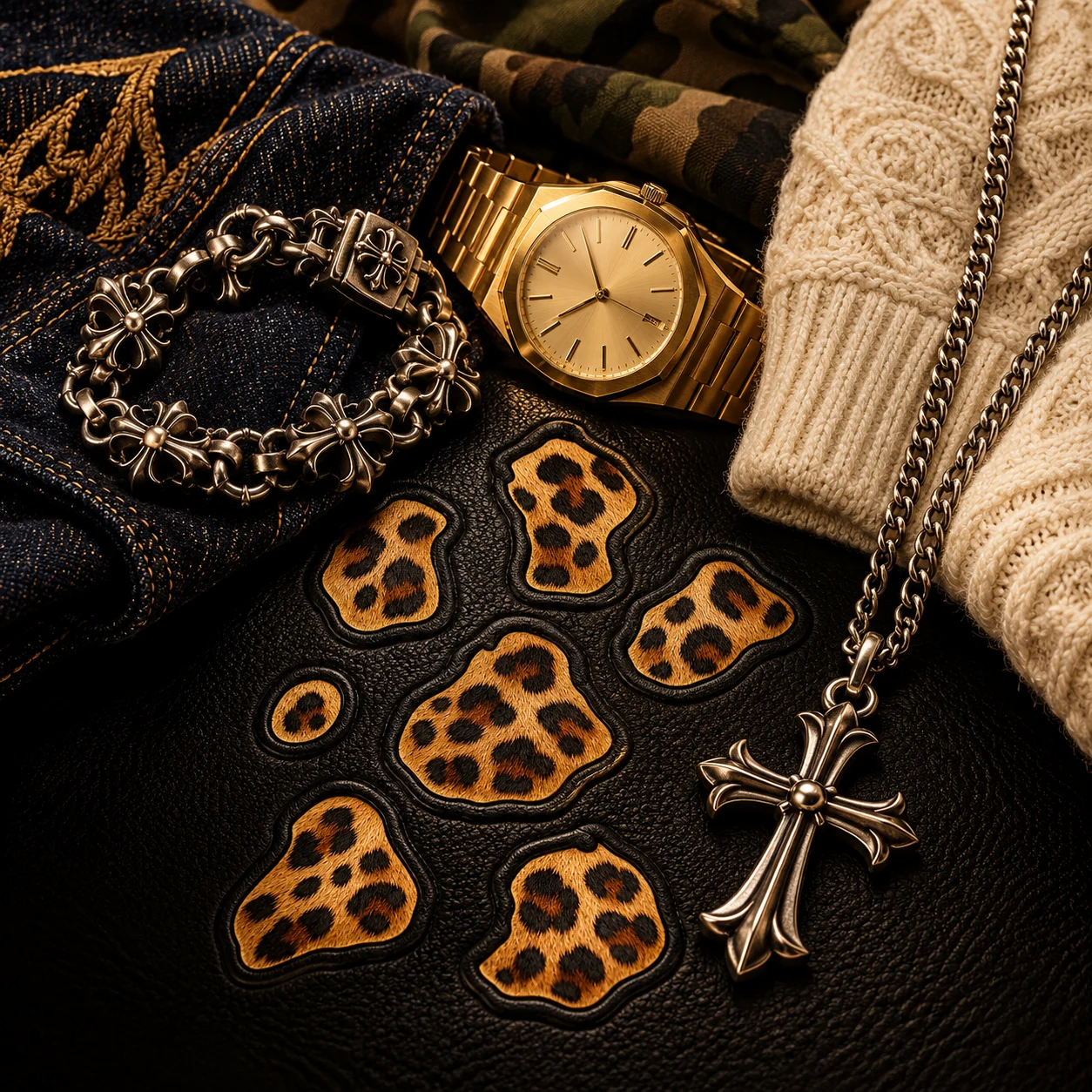 Silver cross jewellery, a gold watch and textured streetwear arranged over the Repchai leopard emblem